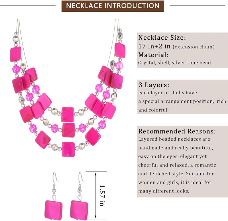 Errally Store Layered Beaded Statement Necklaces for Women Square Shell Bead Collar Necklace and Earring Set Birthday Gifts Boho Jewelry Sets for Women - Image 5